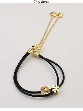 Tory Burch Black Leather Double-Strand Bracelet with Gold Logos